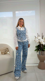 2291 Embroidery denim top and pants set
