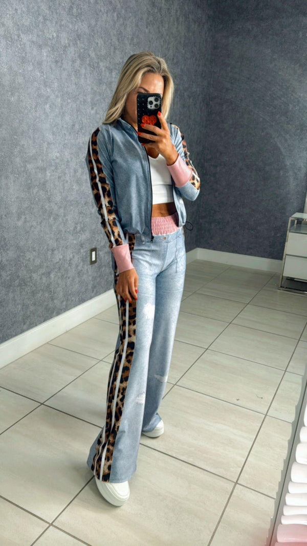 1163 Leopard denim print jacket and pant set