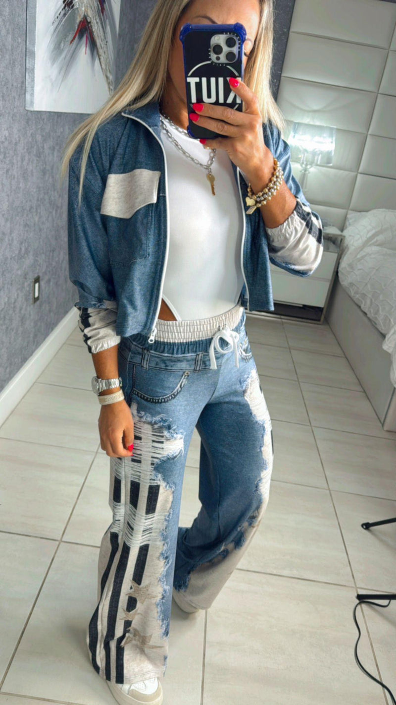 1238 Black striped ripped denim print jacket and pant set