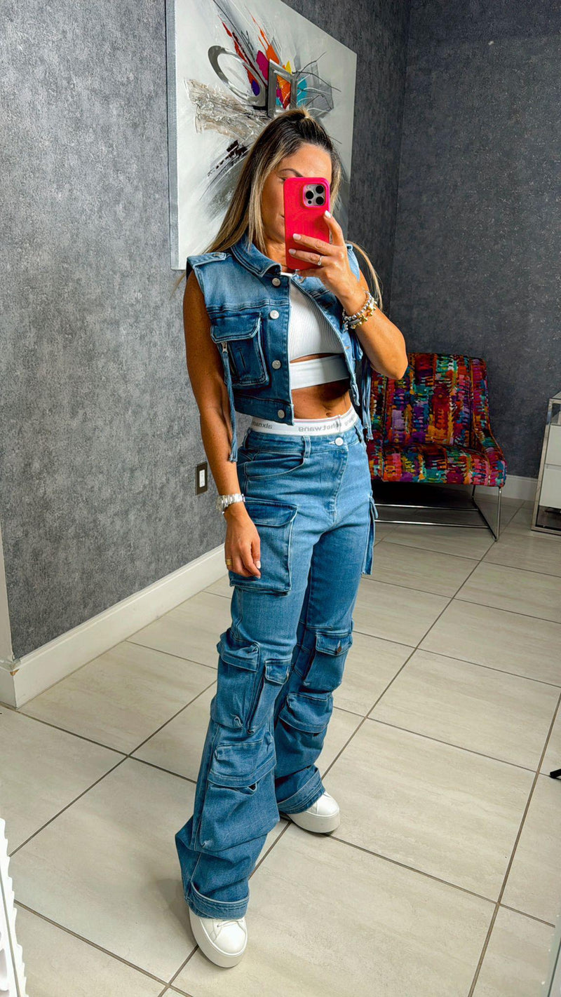 K058 Cargo denim crop vest