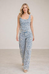 2291 Embroidery denim top and pants set