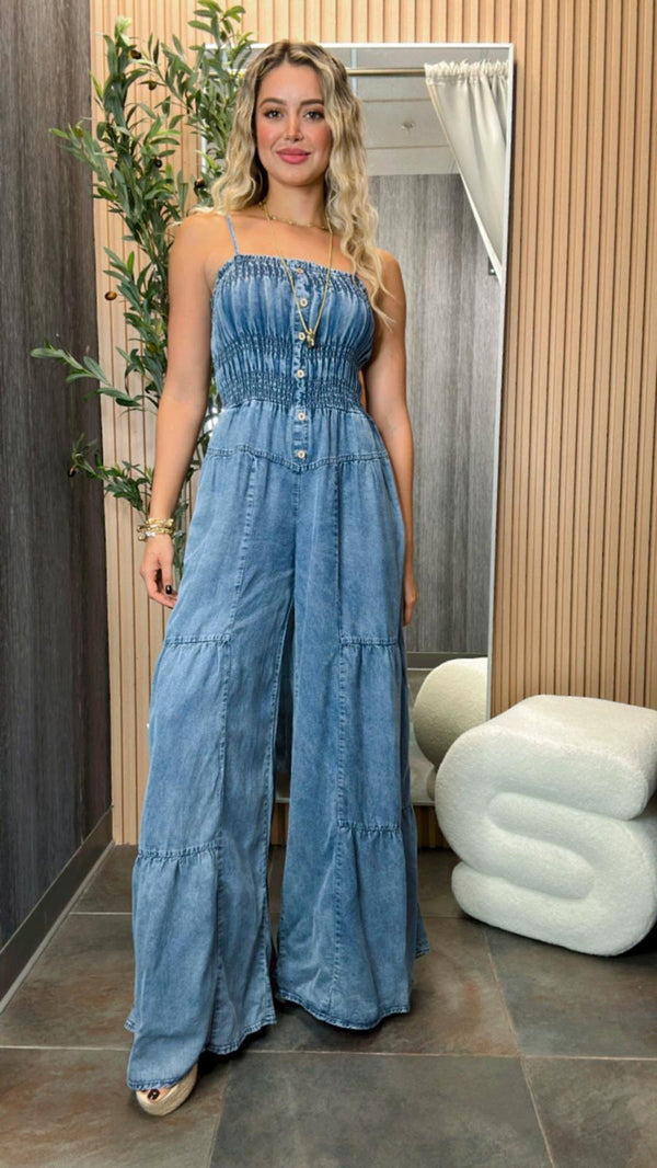4751 Wide leg washed denim jumpsuit