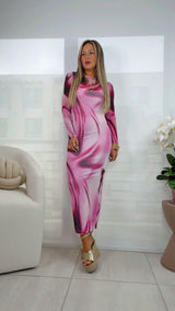 0350 Long sleeve mesh midi dress