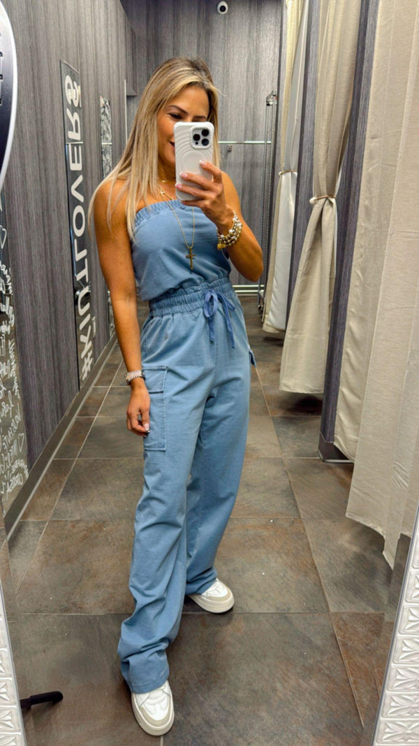 7384 Washed strapless cargo jumpsuit