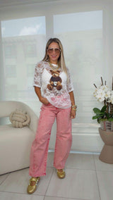 1622 Coffee bear lace oversize top
