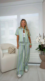 5694 Linen stripe top and pants set