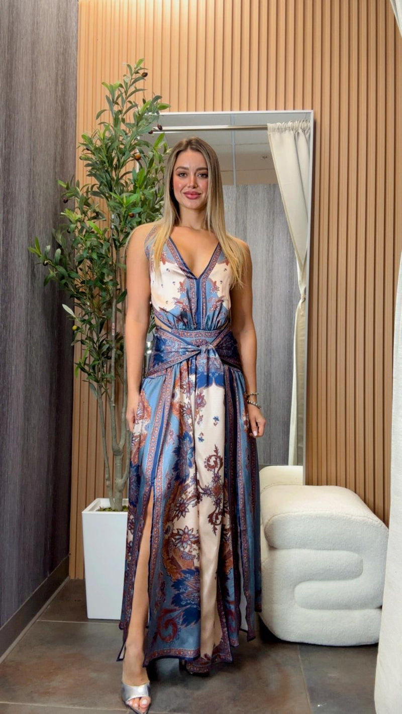 0020 Open back printed maxi dress