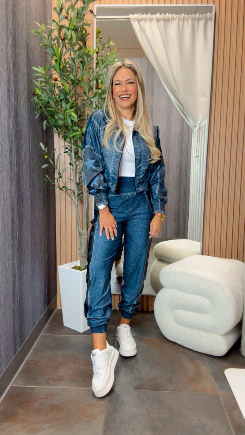 1707 Denim star printed jacket and jogger set KIUT