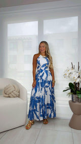 3583 Palm print halter maxi dress