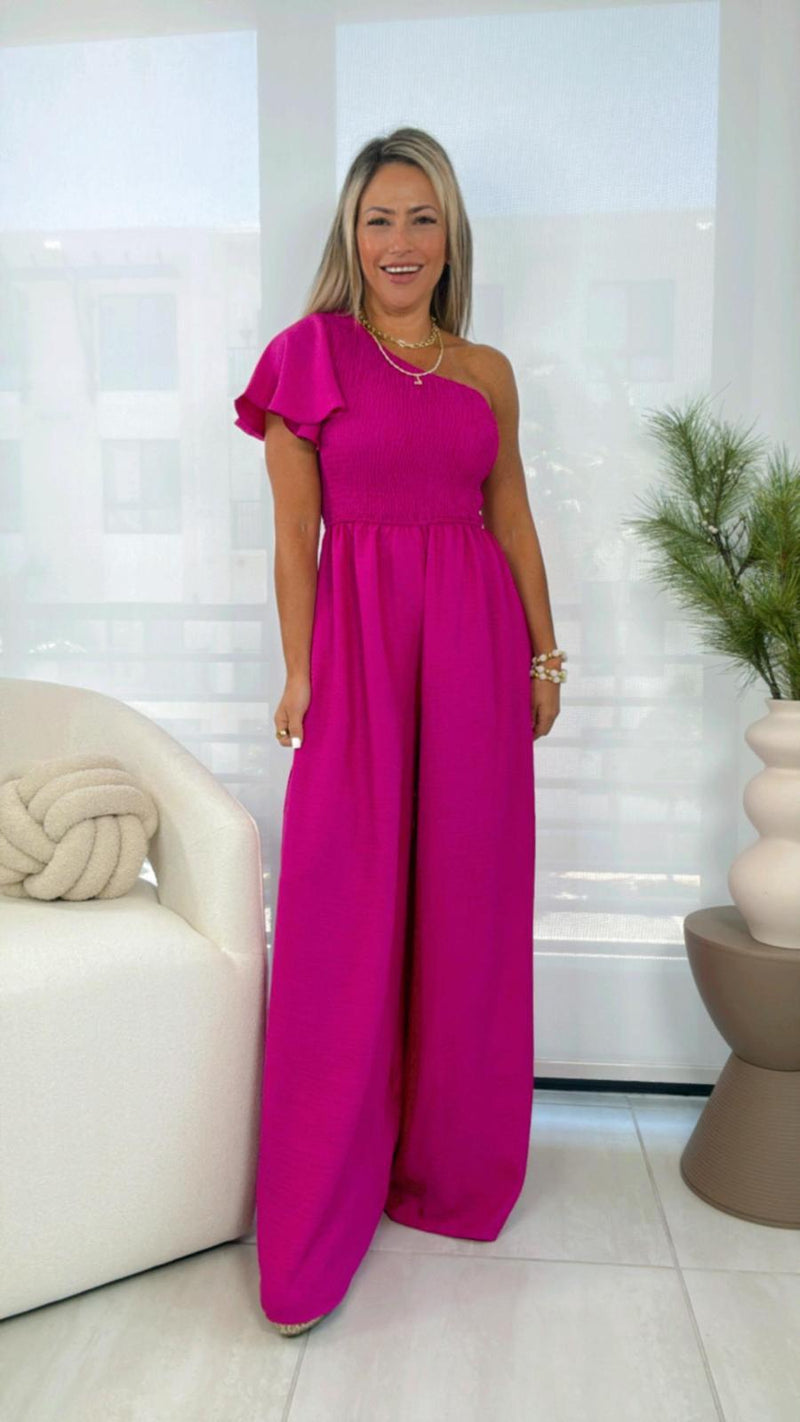 7265 One shoulder smocked top woven jumpsuit