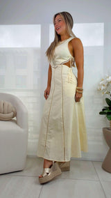 0287 Side cut out tie finish lace trim dress
