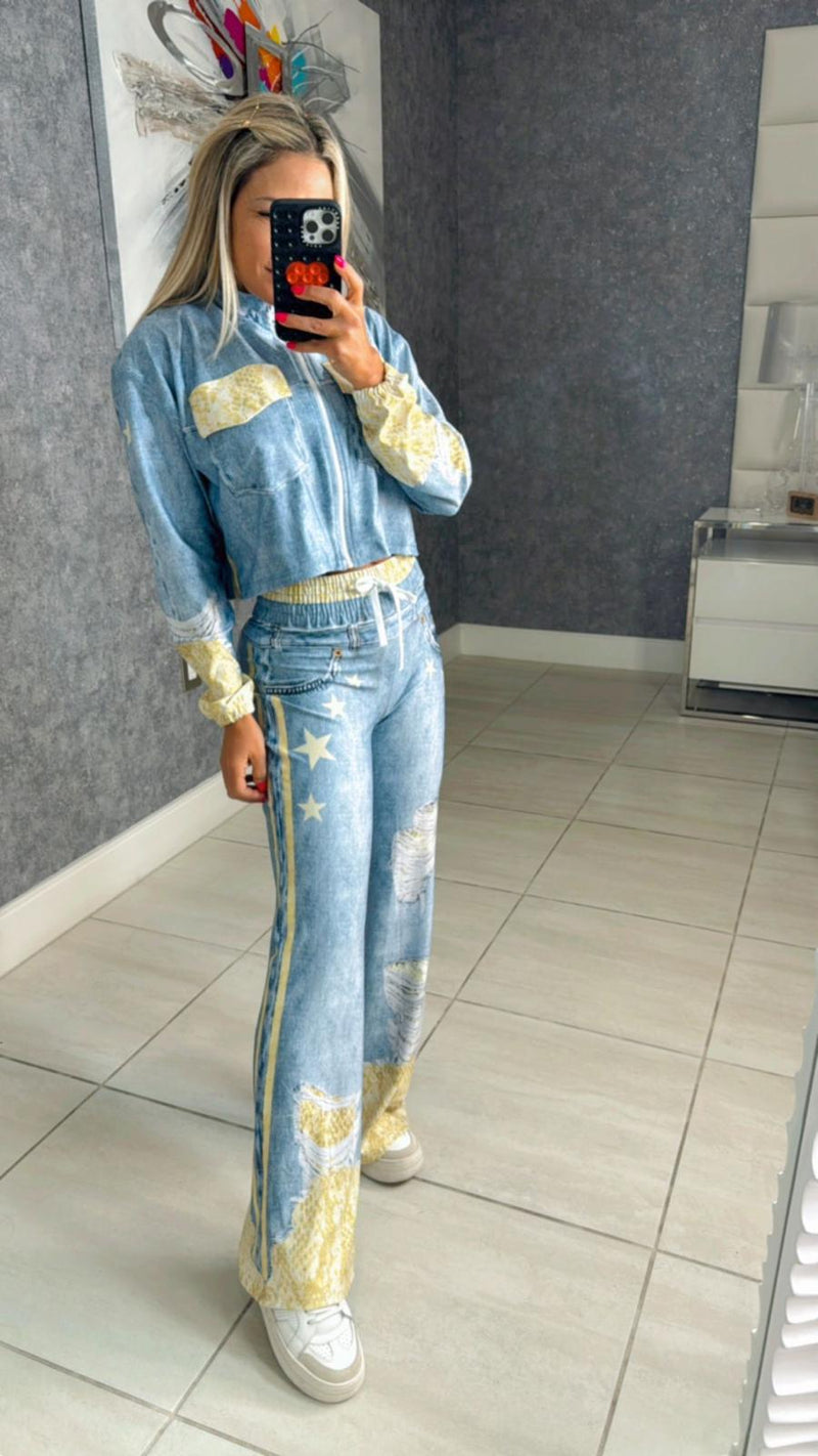 1232 Gold denim print jacket and pant set