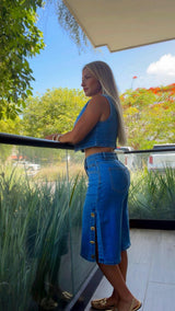 7477 Gold button denim vest and bermuda set