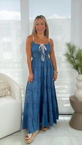 1586 Washed denim midi dress front tie