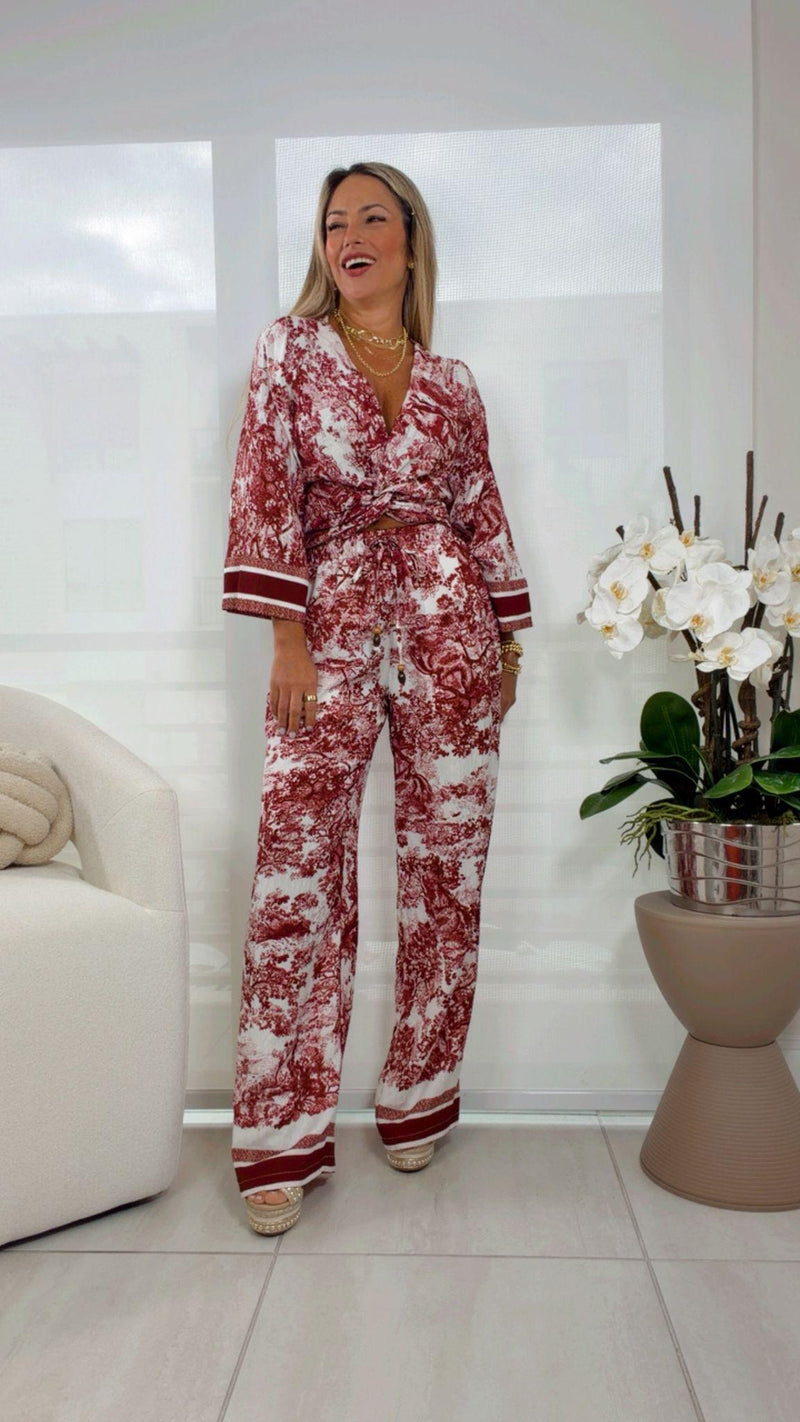 7098 Garden print top and pants set