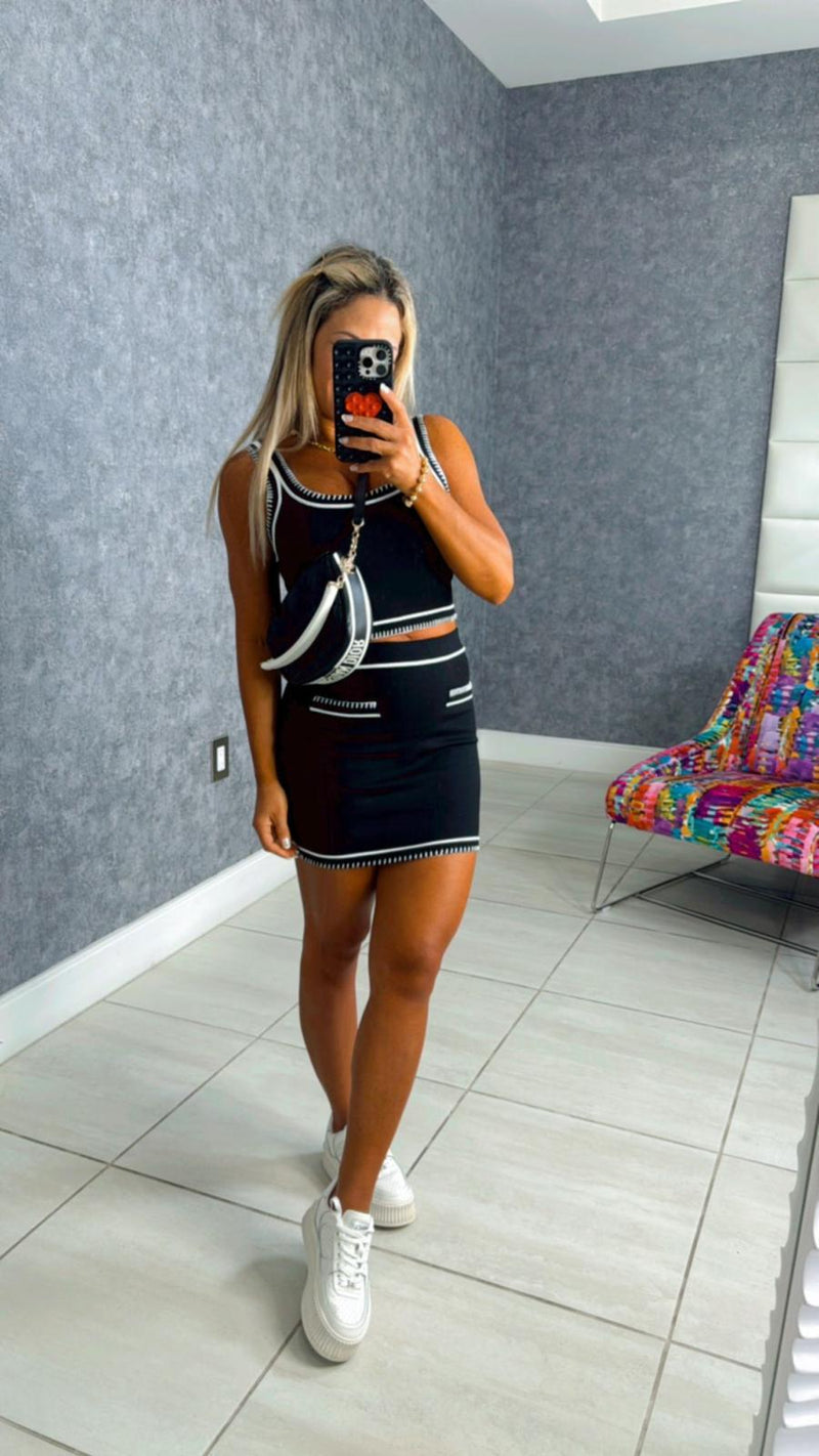2644 Stitch detail crop top and mini skirt set