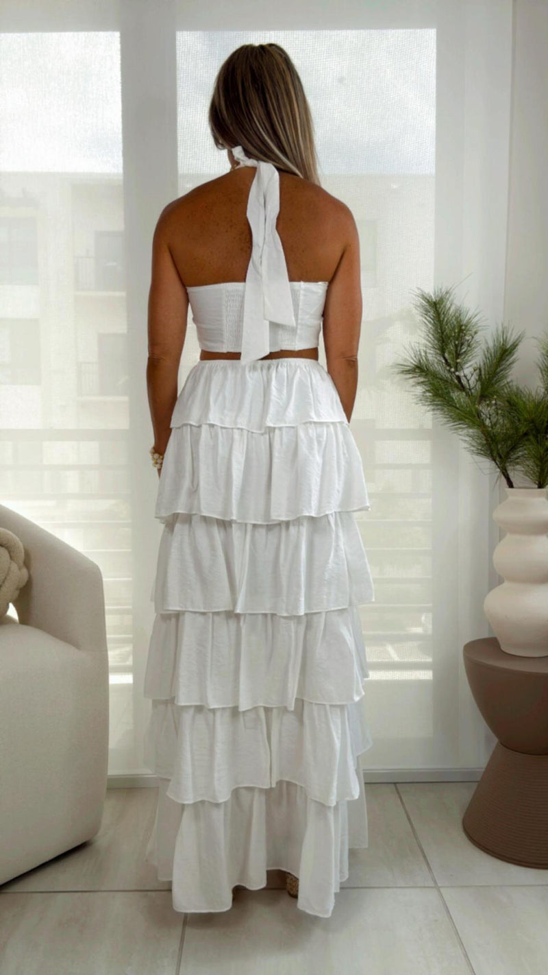 6054 Halter neck ruffle long dress