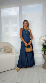 3399 Denim halter neck maxi dress