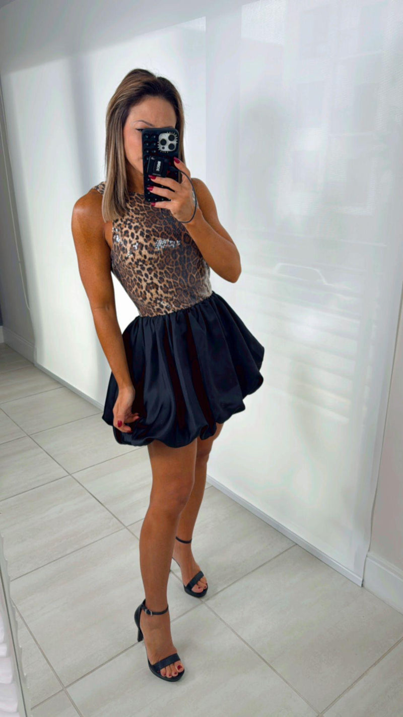 5698 Leopard with shinny and bubble mini dress