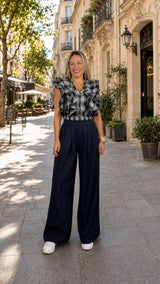 6168 Tartan plaid top and wide leg pants set