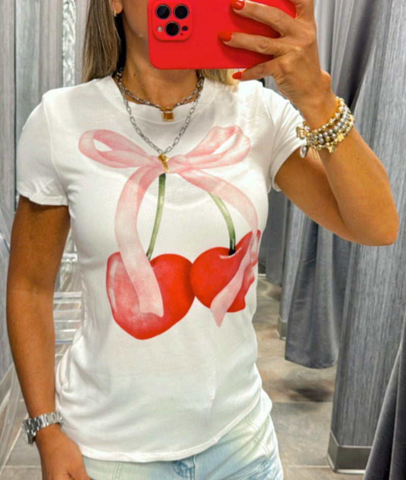 X128 Pink bow cherry T-shirt