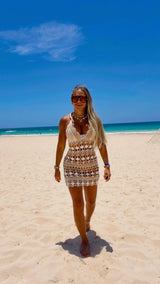 M718 Crochet halter tie mini dress