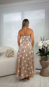 3371 Polka dot sleeveless halter maxi dress
