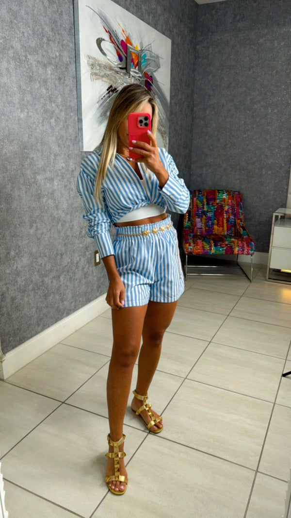 4009 Stripe shorts and long sleeve shirt set