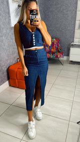 3256 Denim stripe vest and cargo skirt set