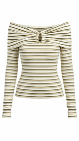 3438 Off shoulder long sleeve stripe top