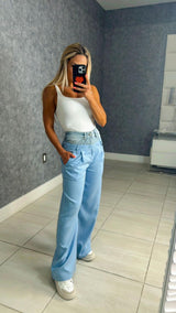 8673 Double waisted striped pants