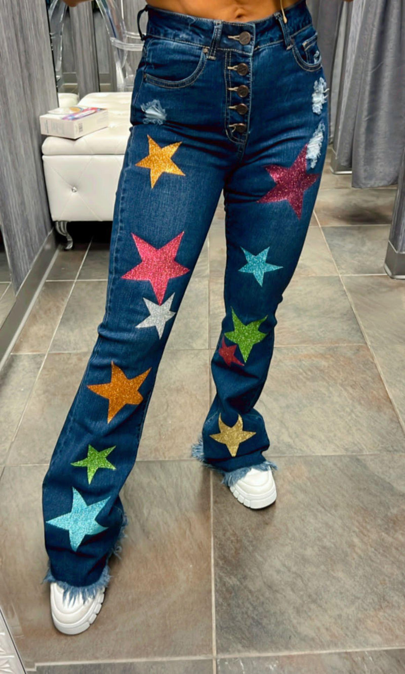 1194 High rise button fly straigh leg jeans stars
