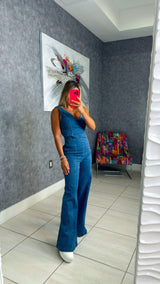 8433 Washed denim jumpsuit with V-neckline