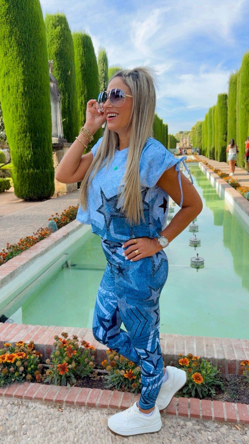 1701 Denim star printed top and leggings set KIUT
