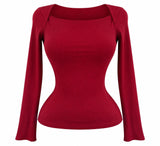 7839 Ribbed slash neck long sleeve top