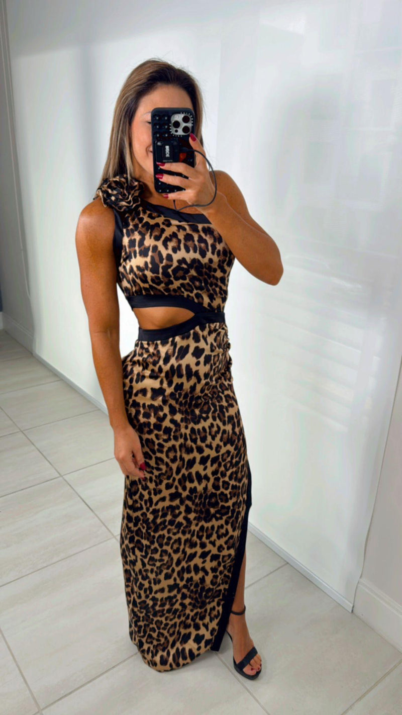 6653 Leopard one shoulder satin maxi dress