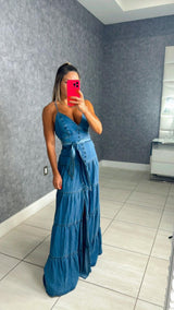 9623 V-neck shoulder strap maxi dress