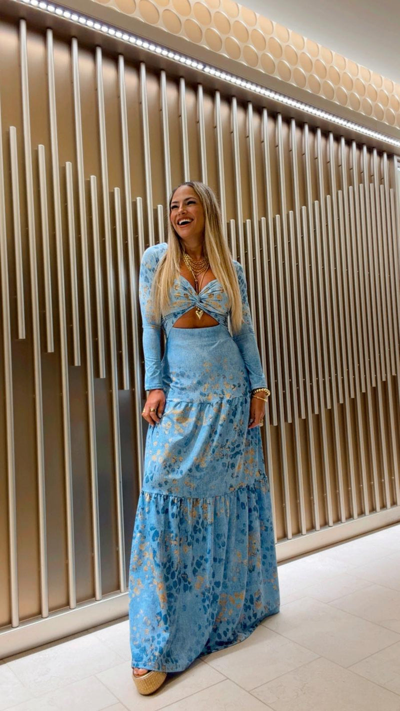 1765 Denim leopard print long sleeve maxi dress Kiut