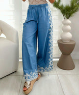 T602 Embroidery detail denim pants
