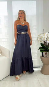 5047 Strapless denim midi dress with belt