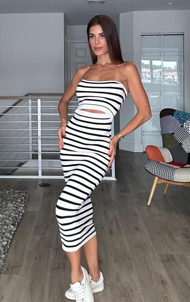 748S Striped tube midi sweater dress