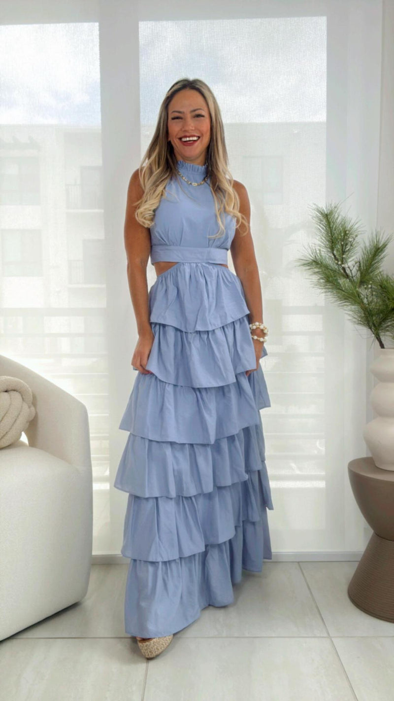 6054 Halter neck ruffle long dress