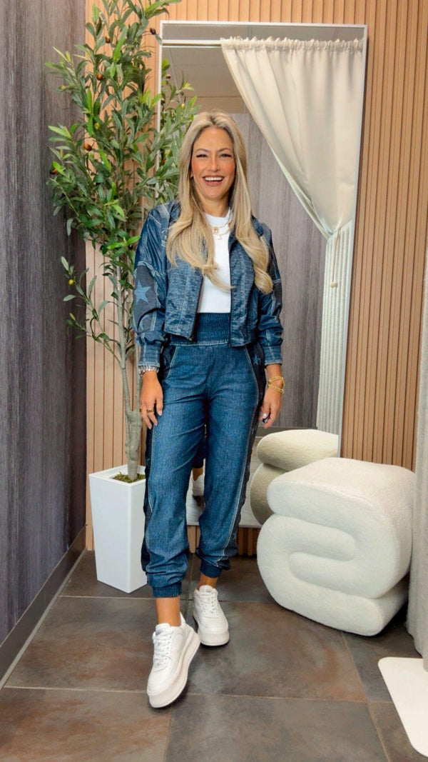 1707 Denim star printed jacket and jogger set KIUT