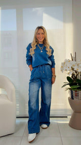 R078 Denim sweater and wide leg pants set