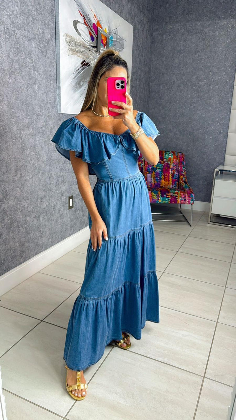 0581 Denim dress off shoulder neckline