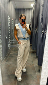 1288 Contrast denim vest and pants set