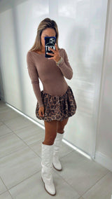 4620 Long sleeve bubble skirt leopard mini dress