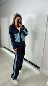 7115 Contrast cotton jacket and pants set