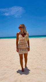 M718 Crochet halter tie mini dress