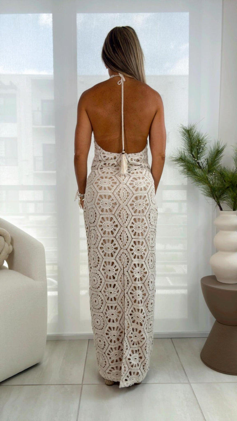 8606 Crochet halter neck maxi dress